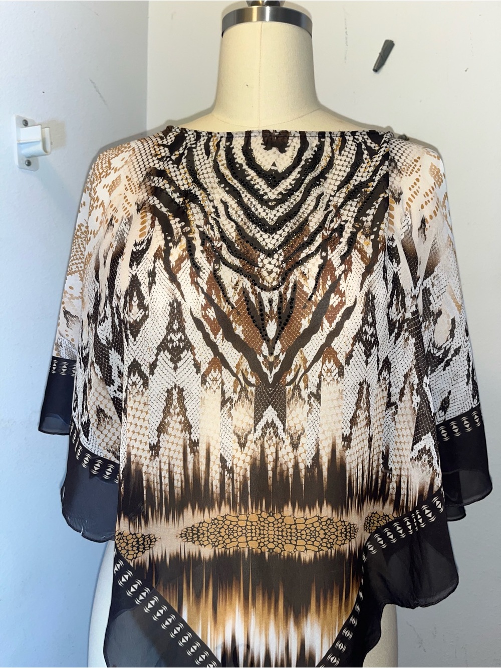 Sheer Snakeskin Poncho Top Embellished Boho Kimono Kaftan